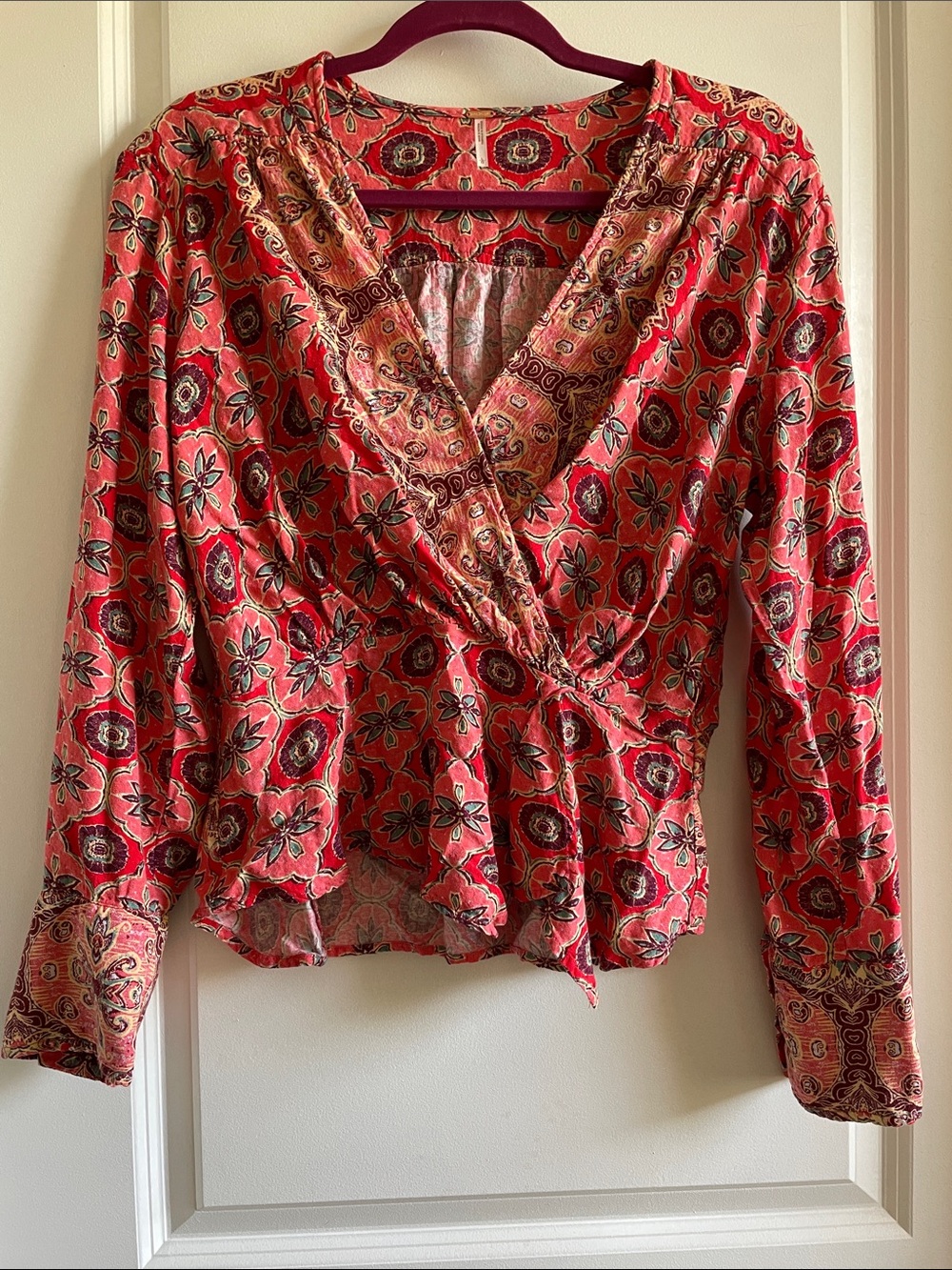 Free People blouse Falling For You Red and pink Floral boho long sleeve 20” ptp